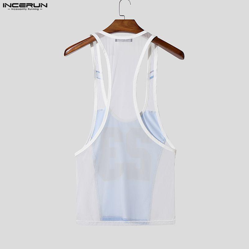 INCERUN Zomer Mannen Mouwloos Bandje Letterprint Mesh Doorzichtig Sport Tanktops Vest