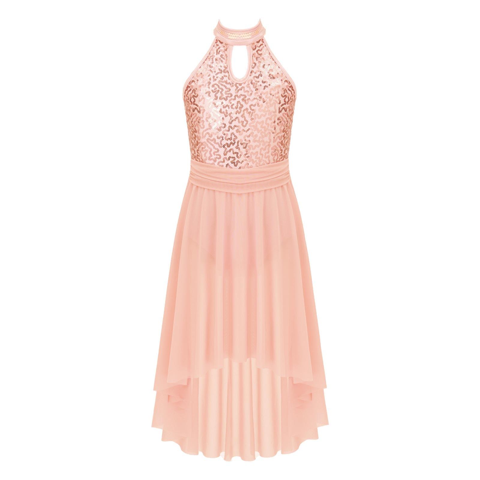 

Girls Sleeveless Hollow Back Dance Dress Round Neck Shiny Sequins Irregular Hem Veil Design 13-14 Years помаранчевий