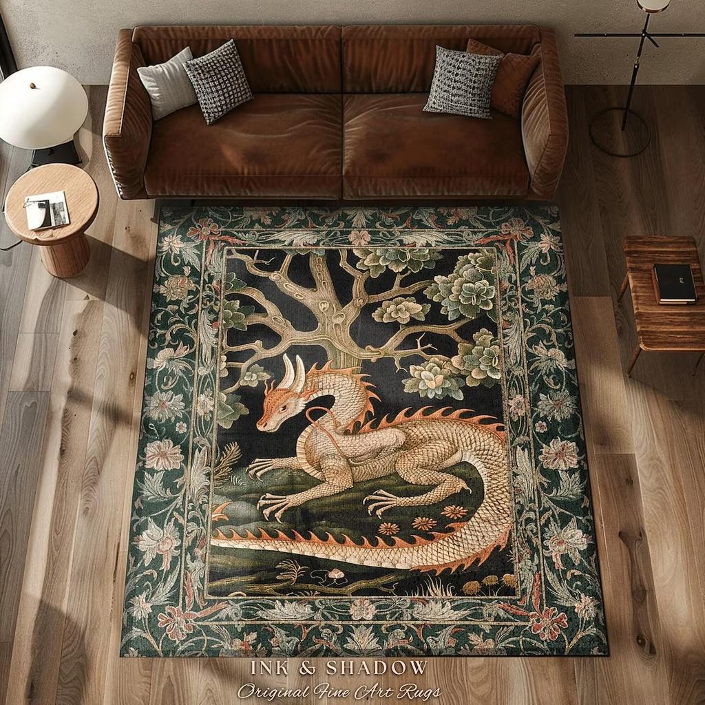 Folk Art Dragon Theme Rug Carpet for Living Room Bedroom Decor Aesthetic Mythical Creatures Art Floor Mat Coffee Table Mat