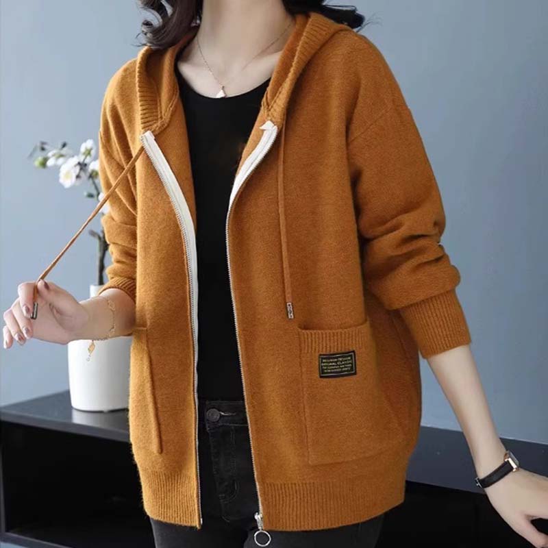 Cárdigan de Punto de Lana con Capucha de Color Sólido Otoño Mujeres Suéter de Manga Larga Holgado Cremallera Prendas de Punto Abrigo