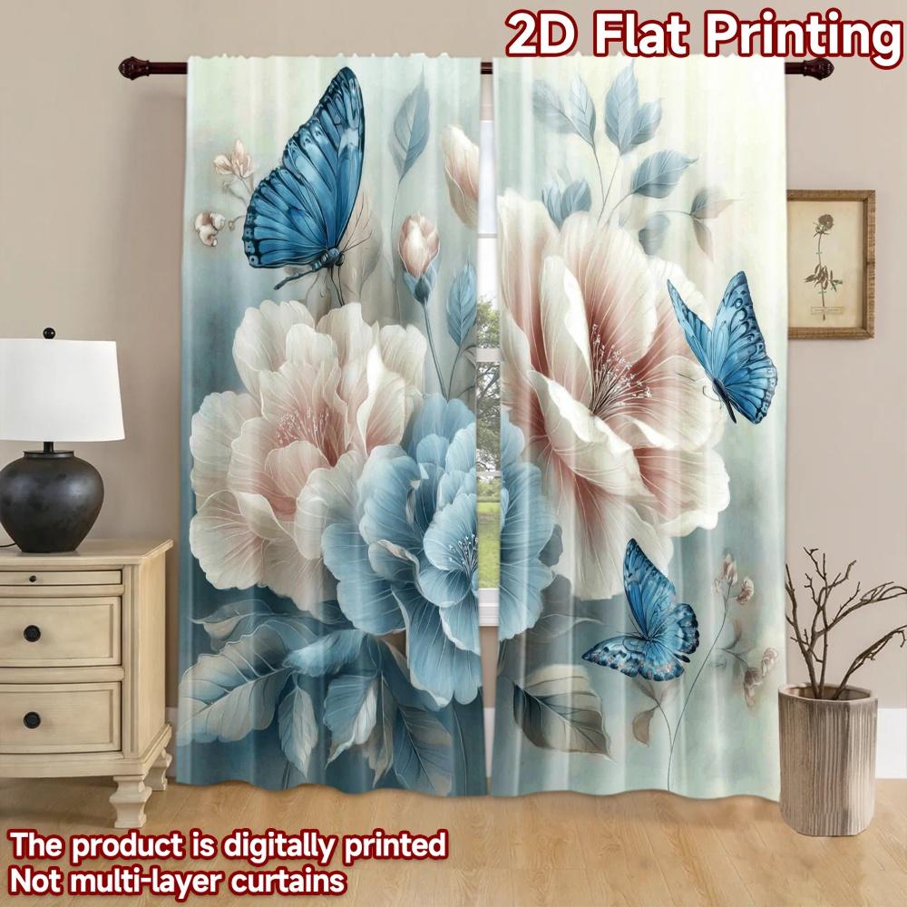 2D Flat Printing 2pcs Window Drapes Blue Butterfly Flower Digital Printed Polyester Drapes Holiday Decorations Perfect for