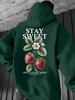 Unisex Stay Sweet Strawberry Print Hoodie Men Back Graphic Pullover Sweatshirt Vintage Botanical Casual Streetwear Long Sleeve Hooded Top