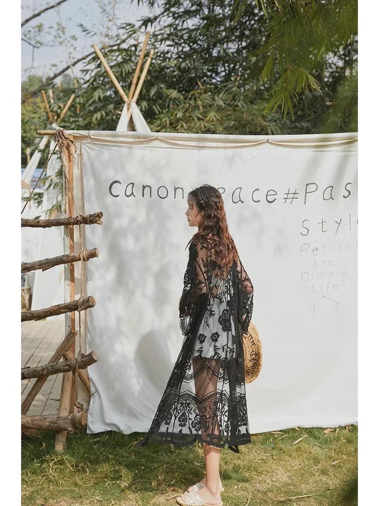 Women's Plus Size Black Lace Hollow-Out Mid-Length Summer Cardigan