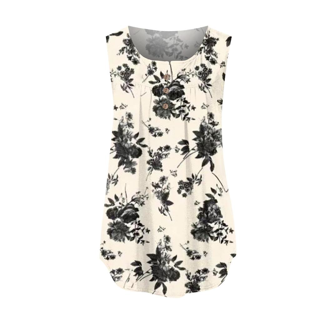 Women's Fashion Floral Printing Pleated Sleeveless Casual T-shirt Vest Button Top