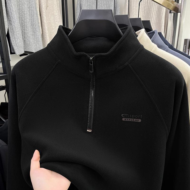 - "Warm Wool Sherpa Fleece Half-Zip Sweatshirt with Stand Collar - Double-Sided Velvet for Autumn/Winter"