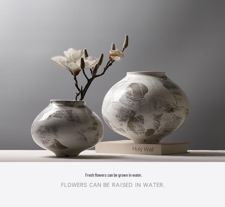 Large Modern Minimalist Chinese Zen White Glazed Art Pottery Vase with Hand-Painted Sweep Stroke Pattern