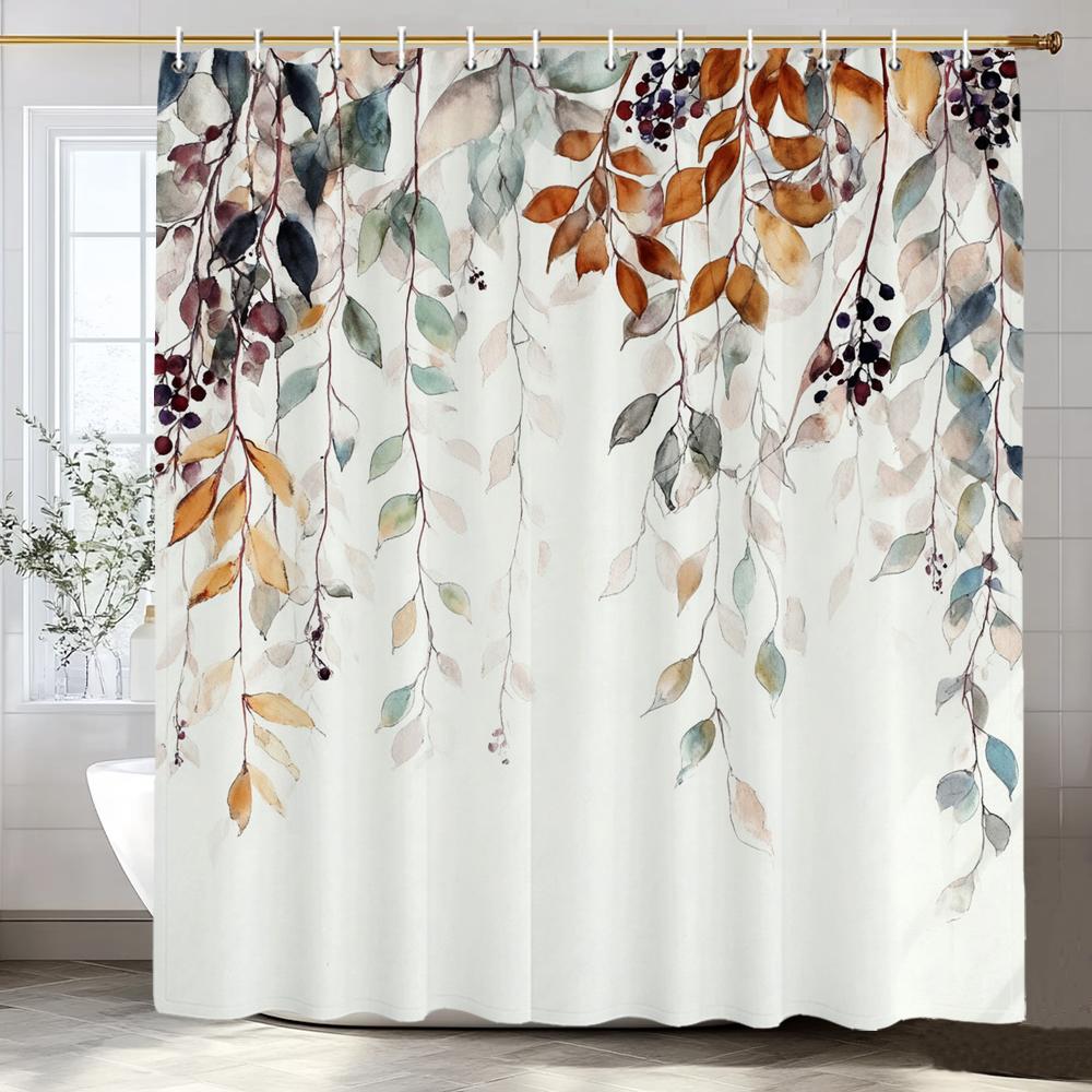 Modern Plants and Leaves Shower Curtain, Botanical Leaf Bathroom Decor Shower Curtain, Waterproof Shower Curtain with Hooks