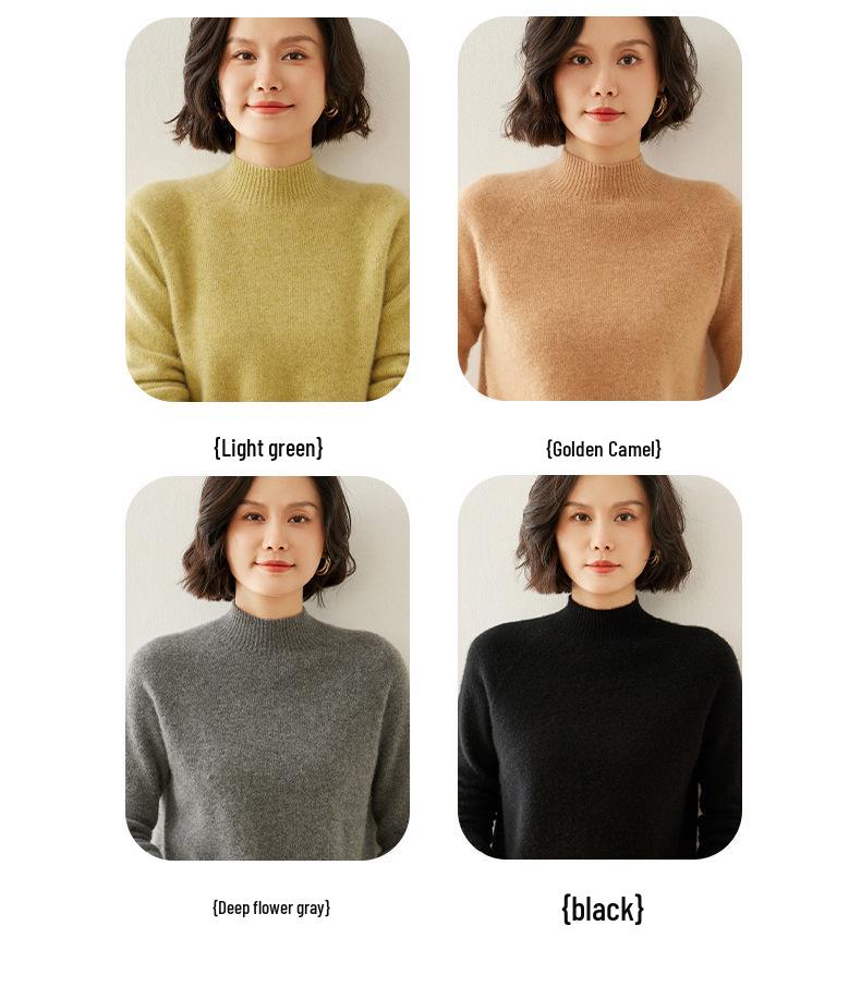 Women's Cashmere Raglan Sleeve Slim Fit Sweater - Half High Neck, Thickened, Solid Color, Versatile Knitted Top.
