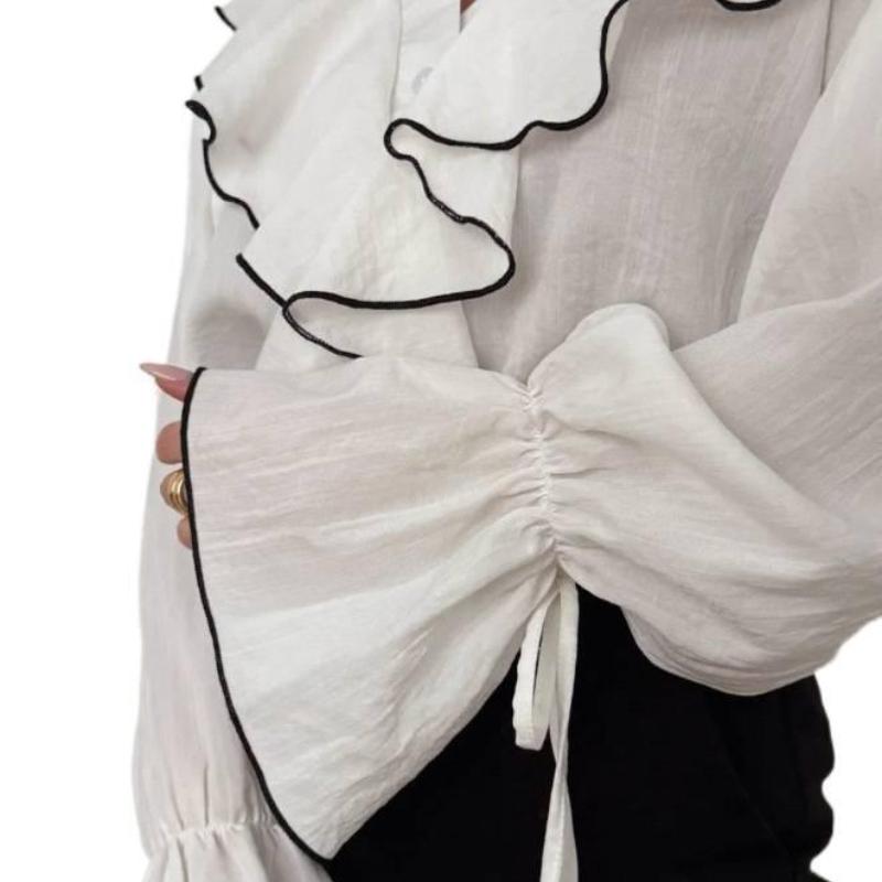 New Spring and Autumn Women's Simple Fashion Casual Cardigan Top Color-Block Layered Ruffle Shirt