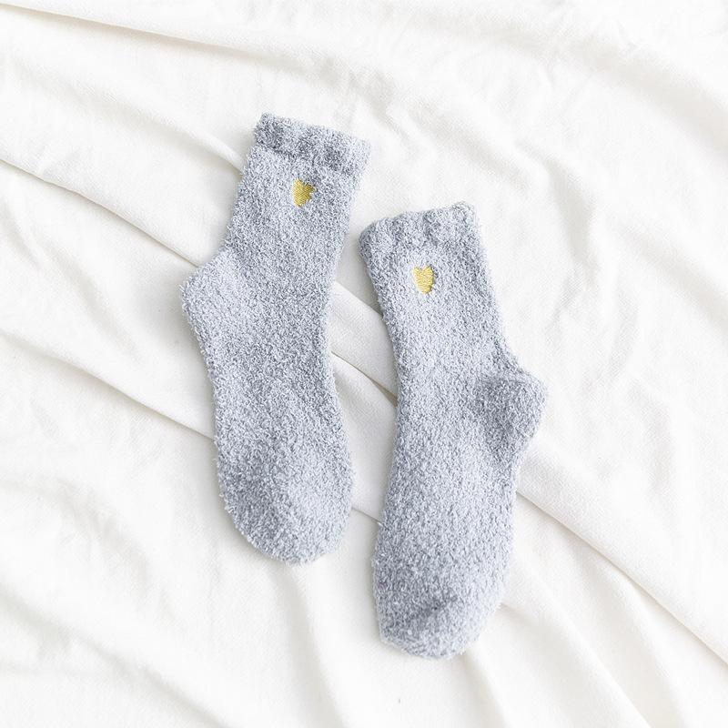 Home Indoor Cozy Floor Socks Winter Warm Soft Coral Fleece Socks Cute Heart Embroidery Thick Socks Fluffy Terry Short Sox Female