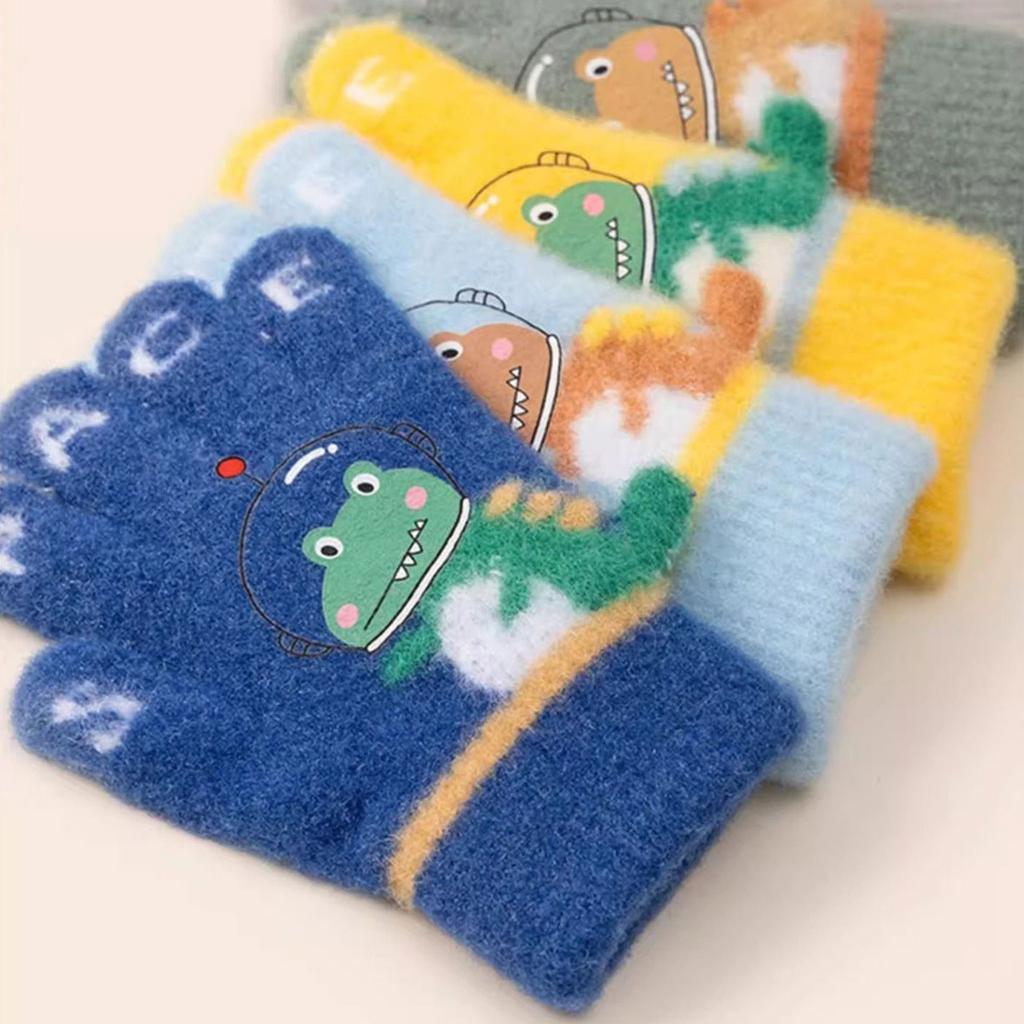 Warm Mittens Boys Full Finger Gloves Cartoon Dinosaur Crocodile Knitted Kids Windproof Anti-ColdCute Baby Winter Gloves