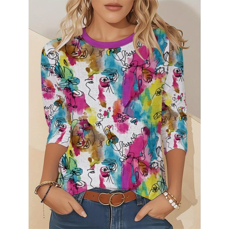 Artistic Landscape Painting Pattern, Slim Fit, Casual Round Neck, Long Sleeves, Everyday Creative Oil Painting Design Pattern.
