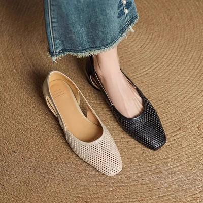 Super Soft Lambskin Square Head Hollow Hole Single Shoes Women's Spring and Autumn Soft Sole Thick Heel Bag Head Sandals