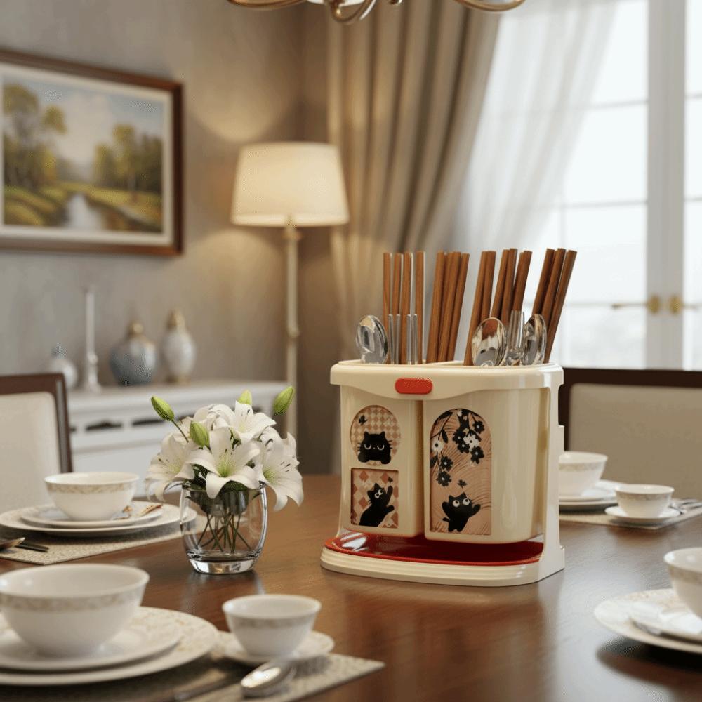 Large Capacity Wall Mounted Chopstick Cage Cartoon Pattern Draining Function No Drilling Holder Divided Compartments Plastic