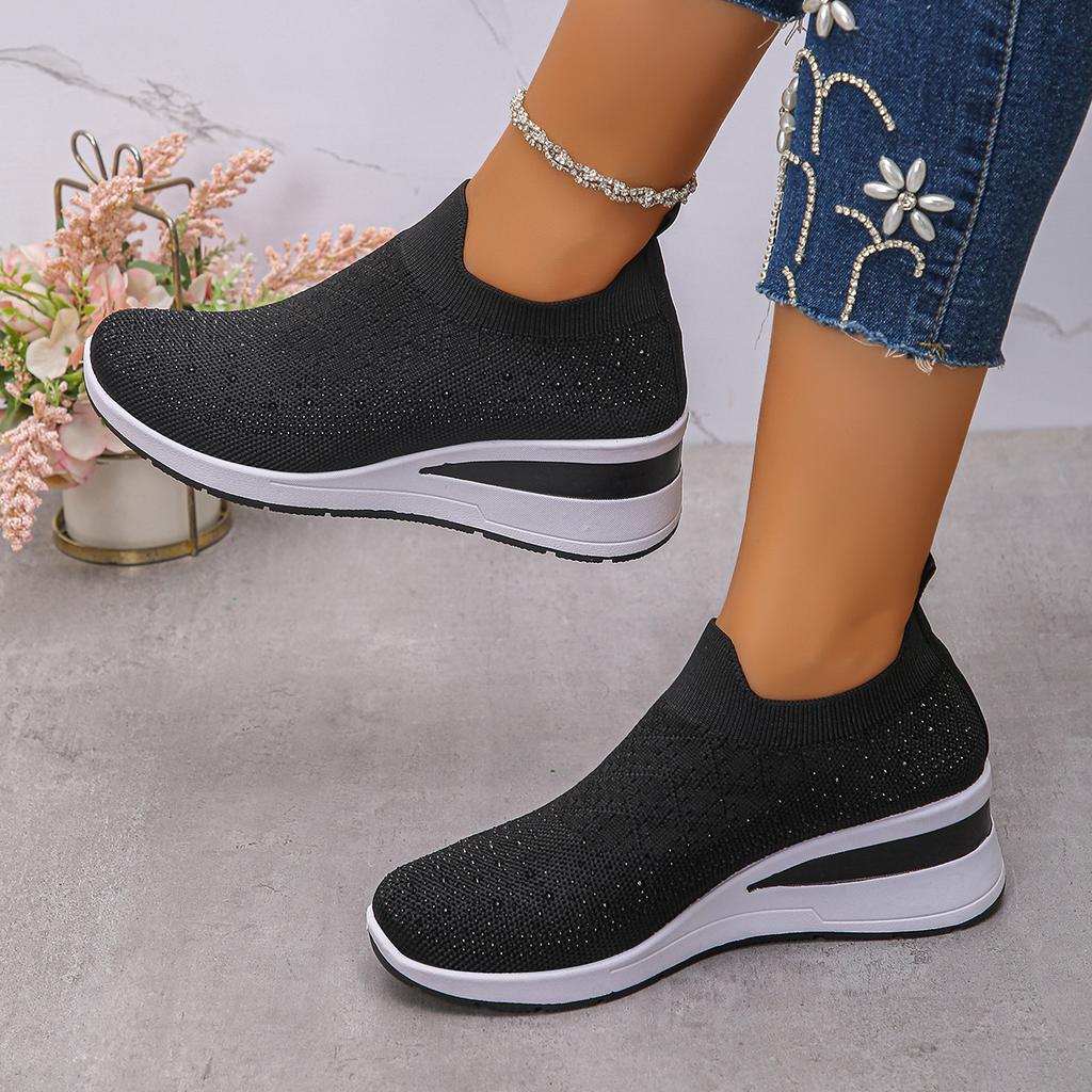 Fashion Rhinestone Decor Wedge Sneakers for Women Breathable Knitted Non Slip Running Shoes Woman Comfortable Slip On White Sports Shoes