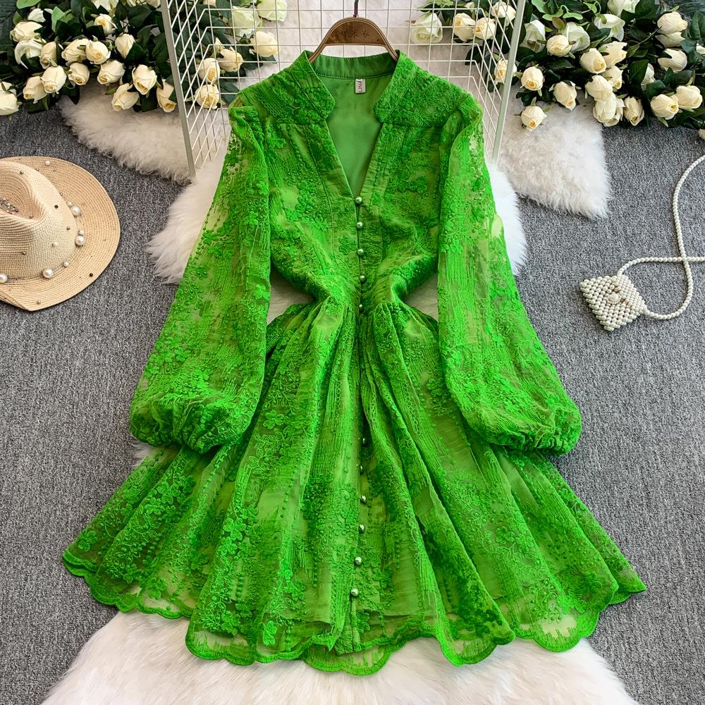 2025 Summer and Autumn Vintage Court V-neck Lantern Sleeve Fashion Embroidery Versatile A-word Elegant Dress