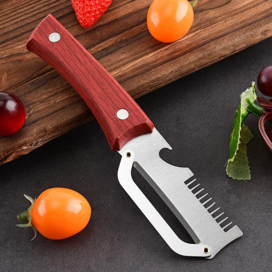 Grönsaksskalare med trähandtag Rostfritt stålblad Köksredskap Inbyggd flasköppnare Skalare för att skala och skiva grönsaker