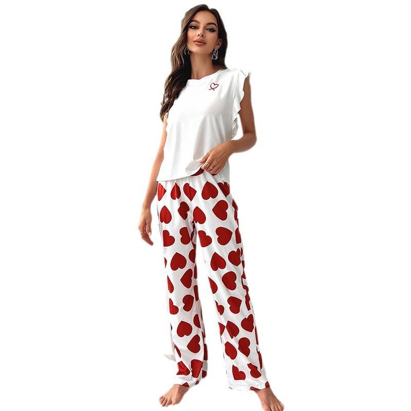 White T-Shirt Women's Pajama Set Sexy Fly Sleeve Vest Pants Sleepwear Heart Print Casual Pyjamas Loungewear Spring 2-piece