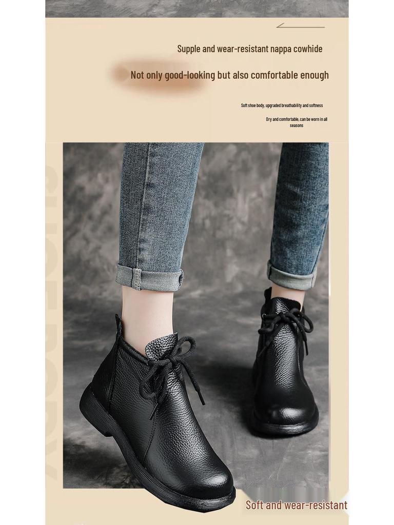 Women's Retro Cowhide Ankle Boots: Chunky Heel, Thick Sole, Genuine Leather, Plus Velvet, Winter Design
