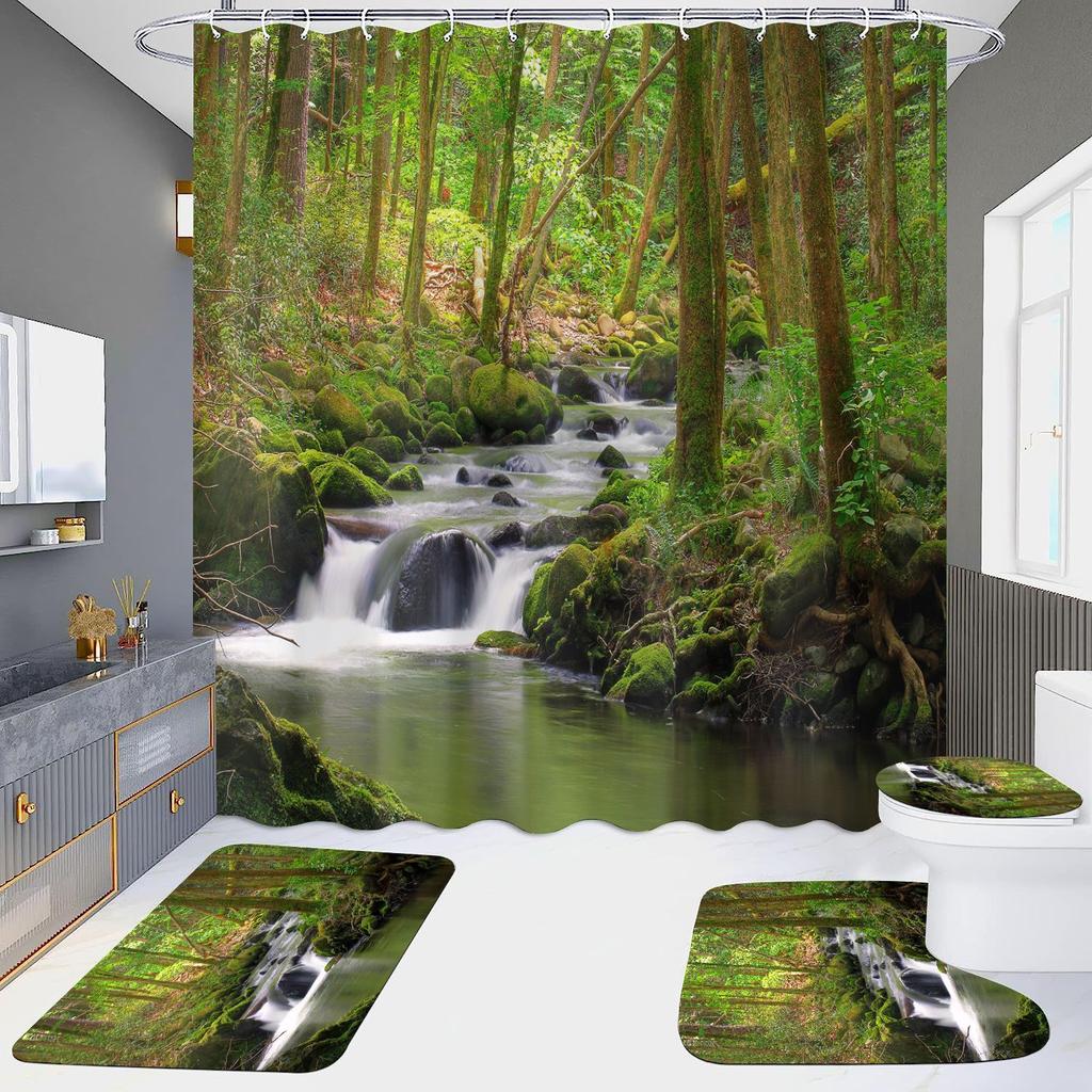 High Definition Digital Printing Shower Curtain Four-Piece Set Of Non-Punching Bathroom Bathroom Bathroom Partition Curtain Landscape