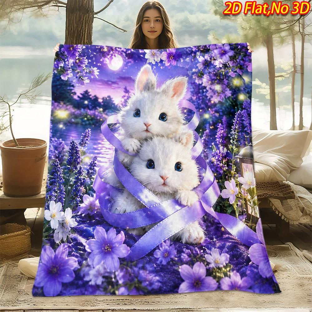 1pc 2D Flat Printing Spring & Summer New Arrival Two Cute White Rabbits Nestled In a Sea of Purple Flowers Digital Print Blanket, Suitable for All Sea