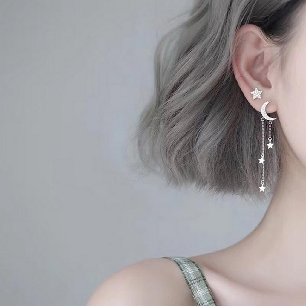 Exquisite Zircon Star Moon Tassel Asymmetric Drop Earrings For Women Men Fashion Elegant Star Chain Fringe Earring Party Jewelry