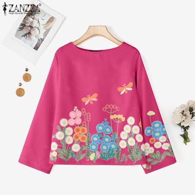 Blusa feminina estampa floral casual gola redonda manga comprida
