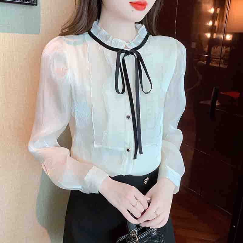 Fashion New 2025 Winter Long Sleeve Lace-Up Stand Collar Apricot Velvet Chiffon Blouse Shirt Women Tops Blouses Shirts J783