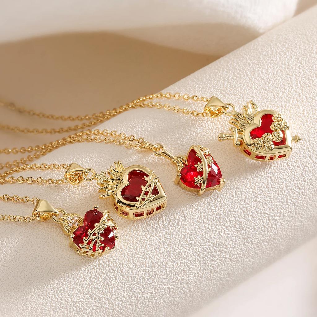 Fashion Gold Color Chain Red Crystal Heart Pendant Necklaces for Women Girls Valentine's Day Birthday Gifts High Quality