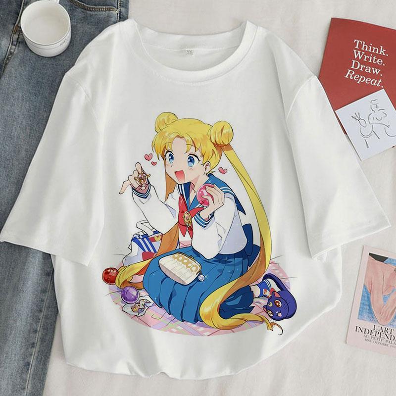 Camiseta con estampado Kawaii de Anime japonés para mujer, remera Harajuku de estética blanca y rosa, camiseta para mujer 2022