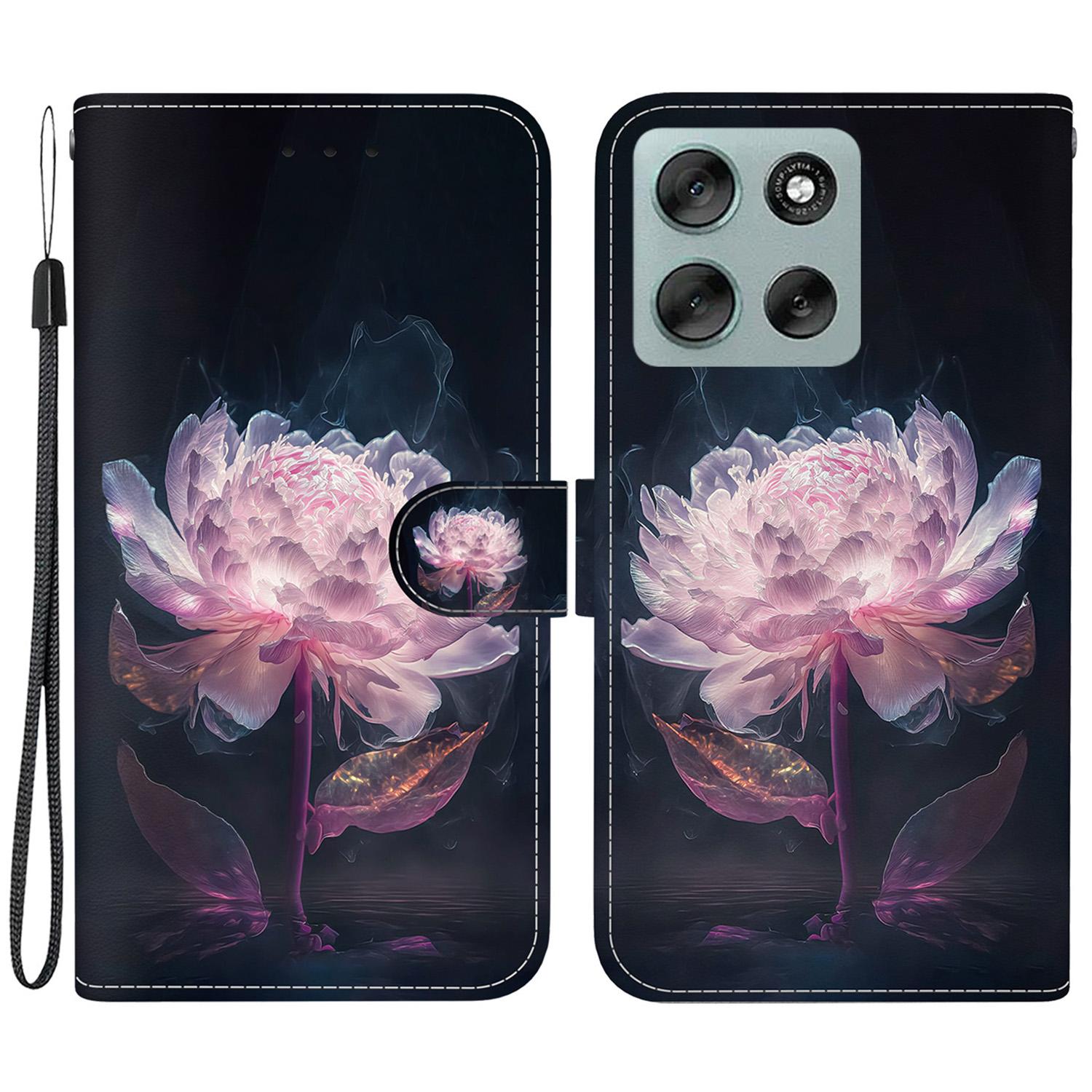 

Для Motorola Moto G56 5G Кошелек Чехол для телефона Противоударный с принтом из кожи Книжка с ремешком Purple Peony