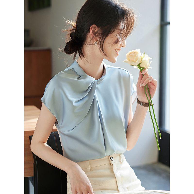 

French Elegance K-style round Collar, Blue Work Clothing Career Interview Business Draping Anti-Wrinkle Short Sleeve Shirt Top Light Blue XL