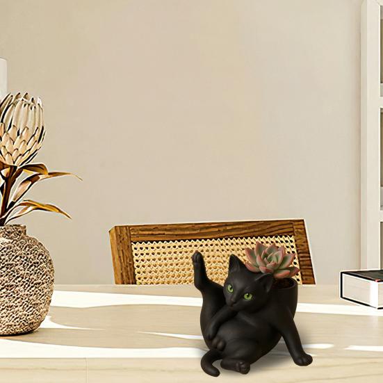 Flower Pot Grooming Cat Shape Planter Pot Stress-Relief Mood Booster Indoor Plant Pot Office Desk Decoration