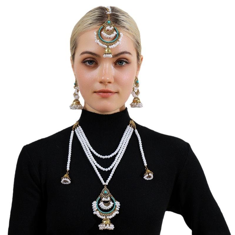 Multi-layer Pearl EarringsNecklaces Hair Chain SetsHigh-end Retro Ethnic Style Accessories
