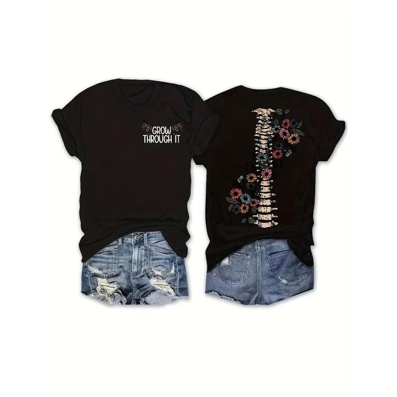 

Womens Reversible Floral Print Tee Round Neck Short Sleeve GROW THROUGH IT Slogan Stylish Casual Everyday Top 4XL