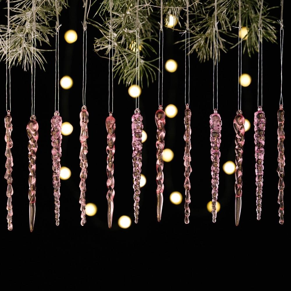 

Crystal Clear Christmas Tree Ornaments Hanging Pendants Icicle Decorations Party Holiday Decor Pink - 12pcs