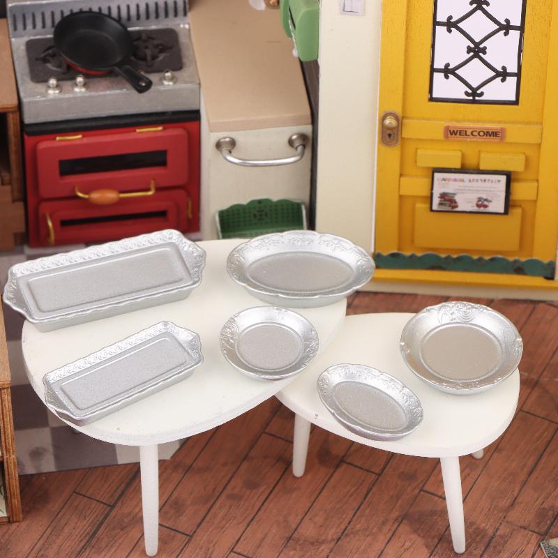 

6 шт. 1/12 Кукольный домик Серебряная обеденная тарелка Поднос для еды Модель Кукольный домик Кухонная посуда Украшение Игрушка Аксессуары для кукольного домика 1Set