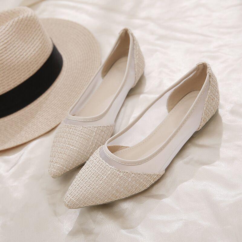 Mesh Breathable Women's Shoes New Year's New Flat-bottomed Pointed Head Shallow Mouth Single Shoes Xiaoxiangfeng Sandals with Skirts Doudou Shoes