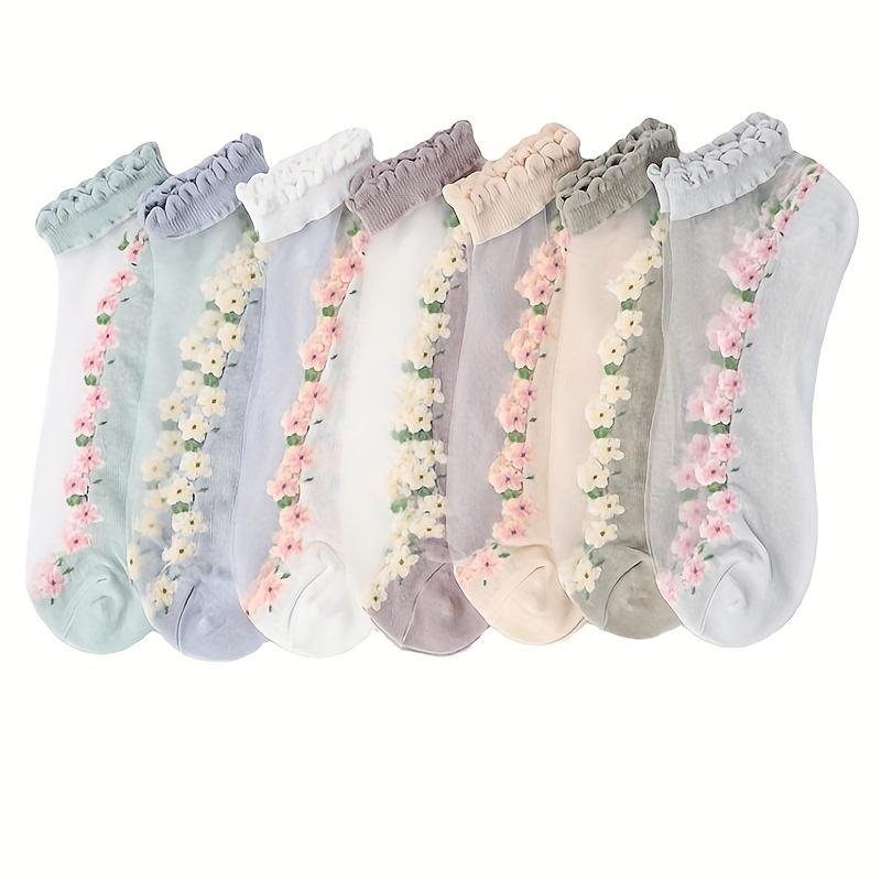 

7 Pairs 3D Textured Floral Lace Ankle Socks Comfy & Breathable Short Socks Women S Stockings Hosiery One-size