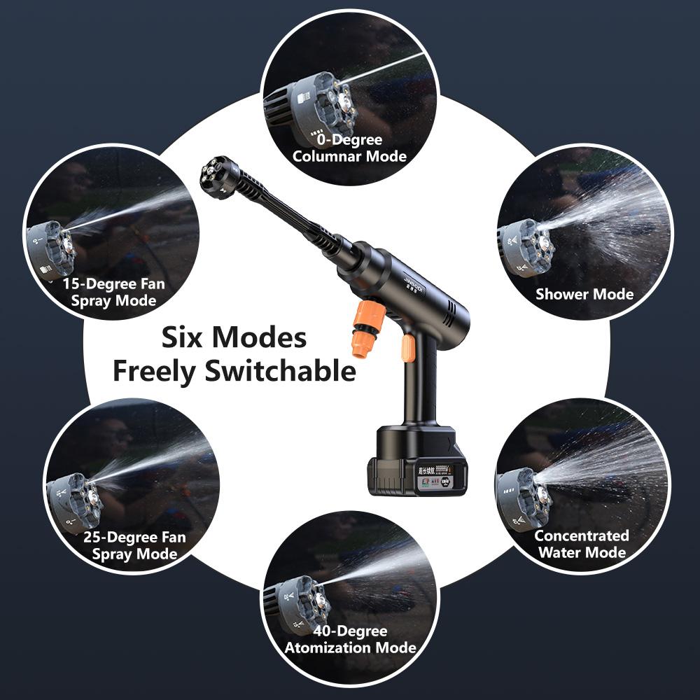 New 21v Lithium-Powered Car Wash Water Gun 300W 30Bar Cordless High Pressure Car Washer 6-in-1 Spray Nozzle Cleaning Machine