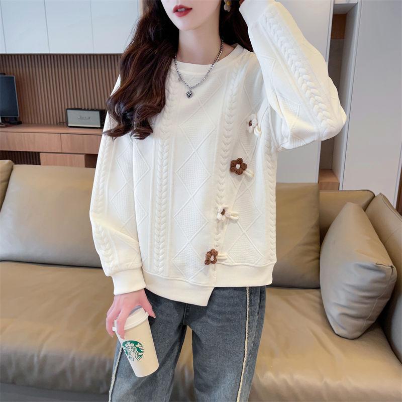 Women Clothing Korean Fashion 3D Flower Asymmetrical Sweet Chic Sweatshirt Casual Streetwear O Neck Long Sleeve Loose Solid Tops