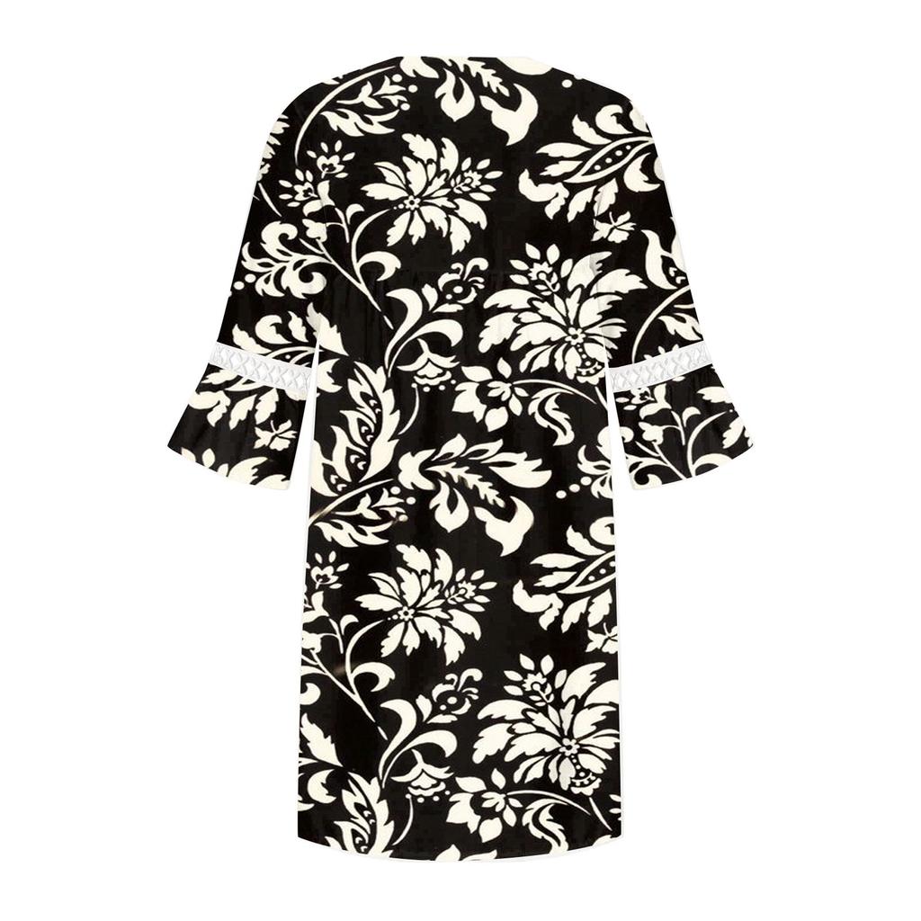 Fashion Women's V-neck Printed Lace Patchwork Bohemian Casual Resort Dress