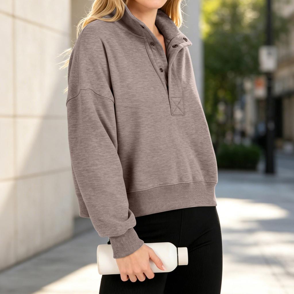 Women's Casual Loose Fit Long Sleeve Sweatshirt with Half Button Placket for Fall Winter