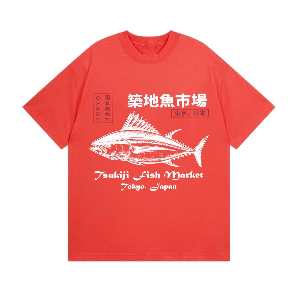 

Japanese Tsukiji Market Funny Fish Merch T-Shirts Mens Clothing Fashion Oversized T Shirt Unisex Summer O-Neck Short Sleeve Tees S