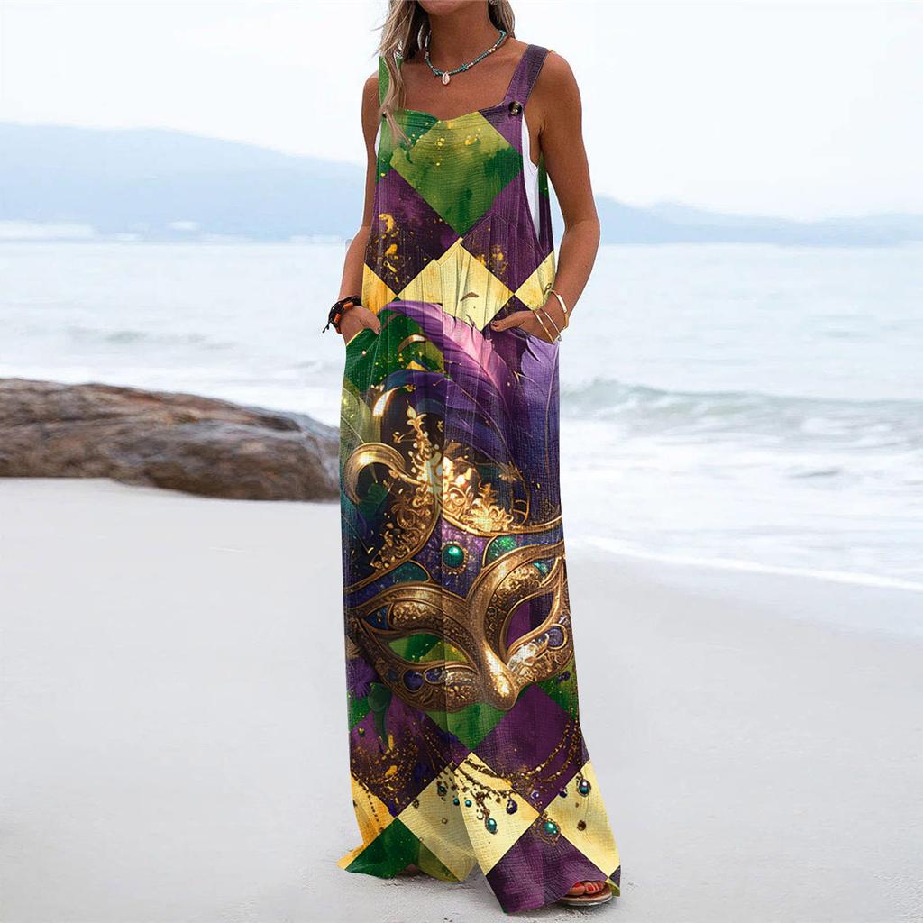 Wide Leg Overalls For Women Casual Loose Sleeveless Print Button Long Pant Romper Jumpsuit With Pockets