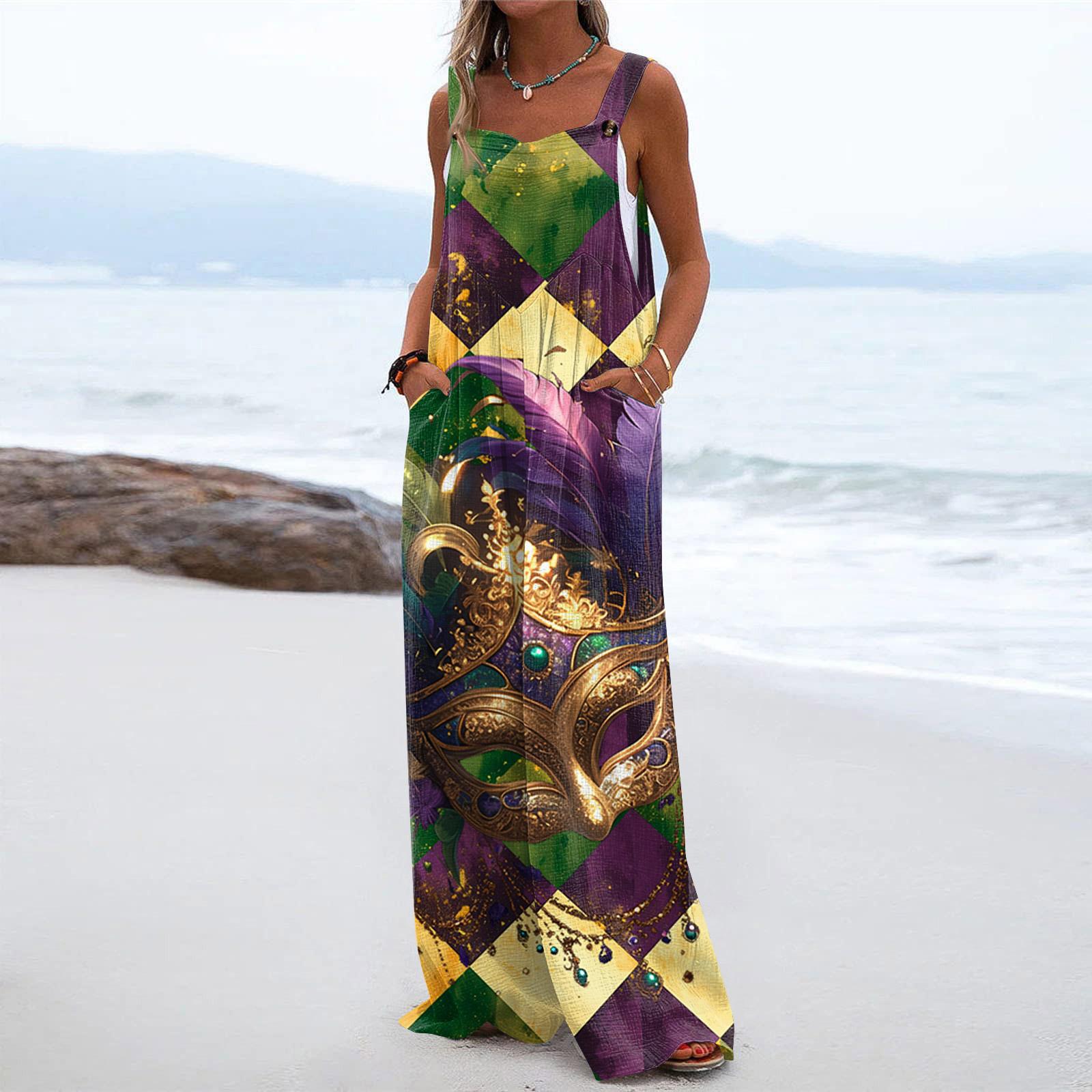 

Широкий комбинезон для женщин, повседневный свободный комбинезон без рукавов с принтом и пуговицами, длинные брюки, комбинезон с карманами M