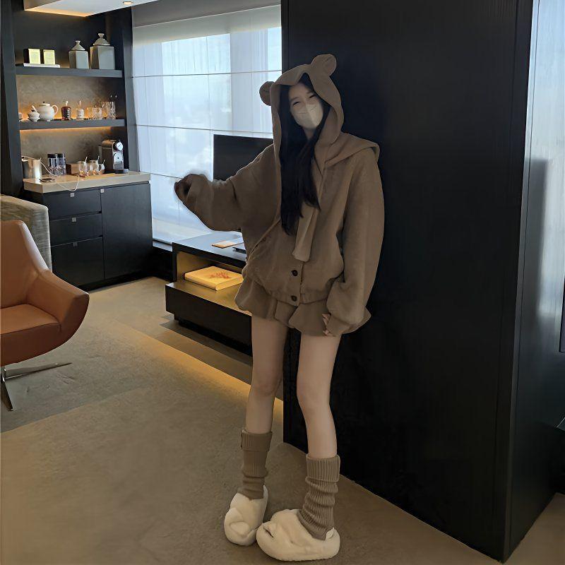 Sweet Girl Hooded Lamb Wool Two-Piece Set: Plush Coat & A-Line Tulip Skirt for Autumn/Winter