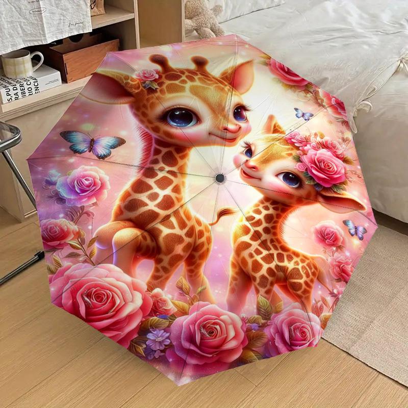 1PC Giraffe Flowers Umbrella-8-Rib Reinforced, Automatic Open, Lightweight & Durable, Fashion Accessory for Outdoor-L0402