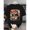 Casual Shirt for Women Cute Red Panda Eating Ramen T Shirt Kawaii Animal Graphic Tee Japanese Food Print Funny