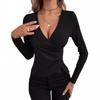Women's V-Neck Asymmetric Three-Button Sexy Elegant Pure Color Slim Fit T-Shirt